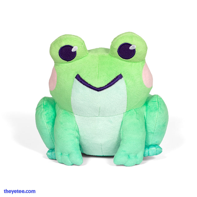 Squatting frog rests with a cute smile. Frog has a green to light teal ombre with pink blush circles on the cheeks.  - Friendly Frog Plush