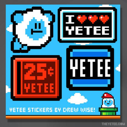 Four Yetee themed stickers to put wherever you want! Included is an arcade quarter-slot, a flying Yetee, and a classic " I heart Yetee" sticker.