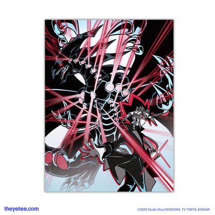 A black and white print of Gandora the Dragon of Destruction with illuminated red lasers behind Yugi posing sideways