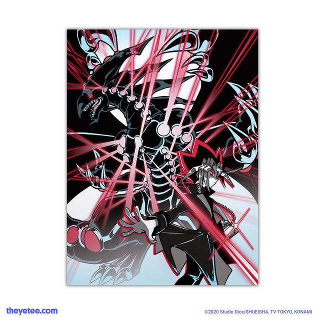 A black and white print of Gandora the Dragon of Destruction with illuminated red lasers behind Yugi posing sideways - Gandora Screen Print