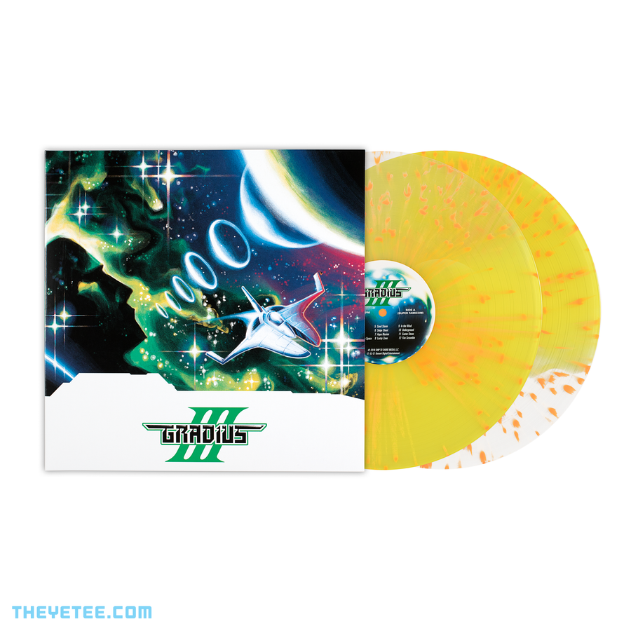 Gradius III | Side by side photo of the sleeve and vinyl. Vinyl is pressed on split splatter transparent yellow. 