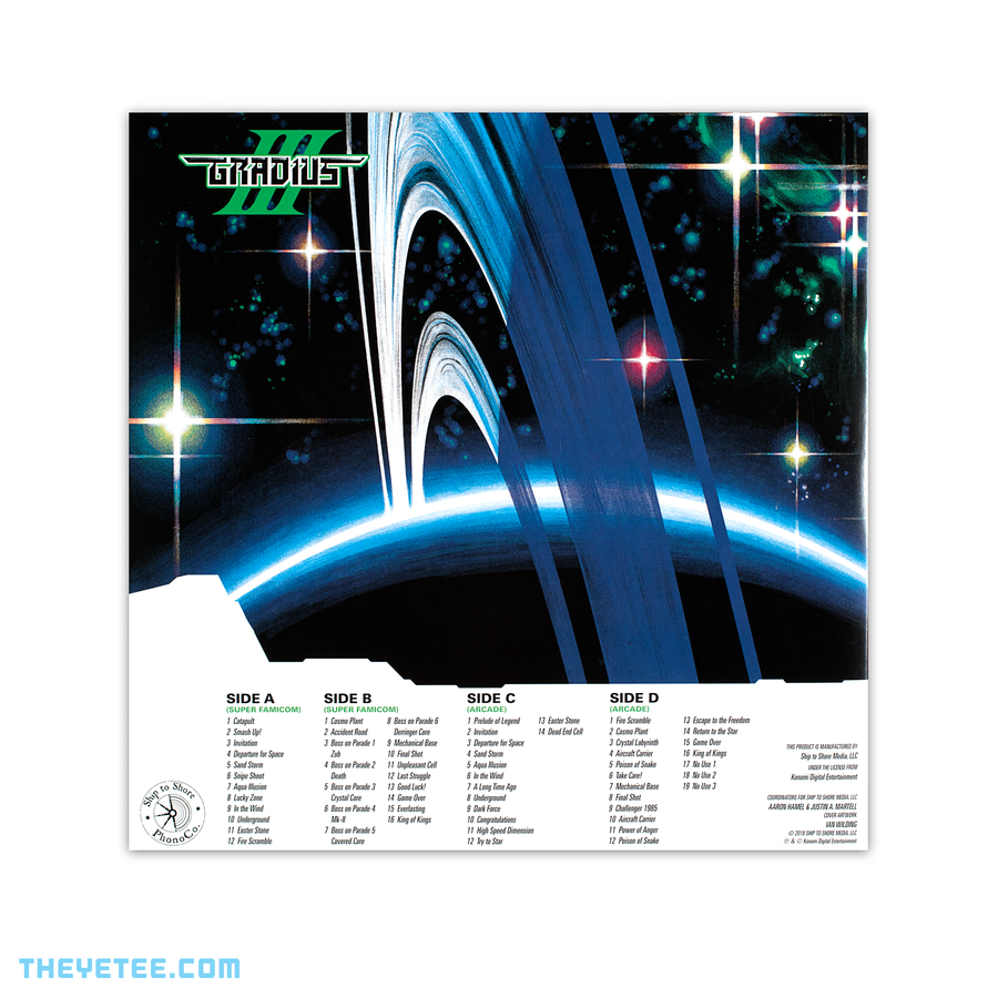 Gradius III | Backside artwork of Saturn's rings above the tracking listings for sides A though D. 