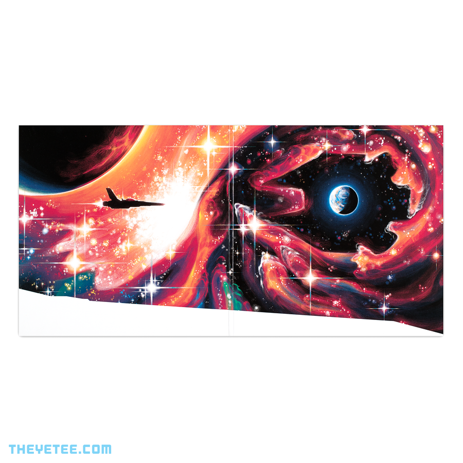 Gradius III | Inside artwork is a panorama of a ship flying through dark space surrounded by red nebula like shapes. 