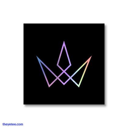 Black square with holofoil design of four geometric shapes connected to make a minimalist crown-like design.