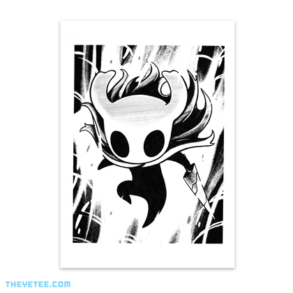 Black screen print on white cardstock of Knight wielding the Old Nail and plummeting downward.