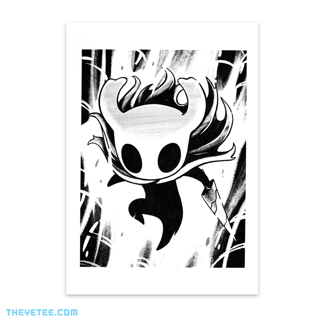 Black screen print on white cardstock of Knight wielding the Old Nail and plummeting downward. - Hollow Knight Screenprint 1