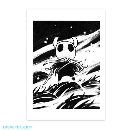Black screen print on white cardstock of the Knight wielding the Old Nail.