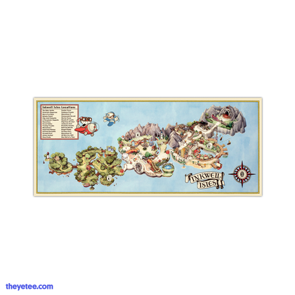 Map of Inkwell Isles. Includes locations within the isles listed, Cup Head and Mug Man flying air planes and a compass. 