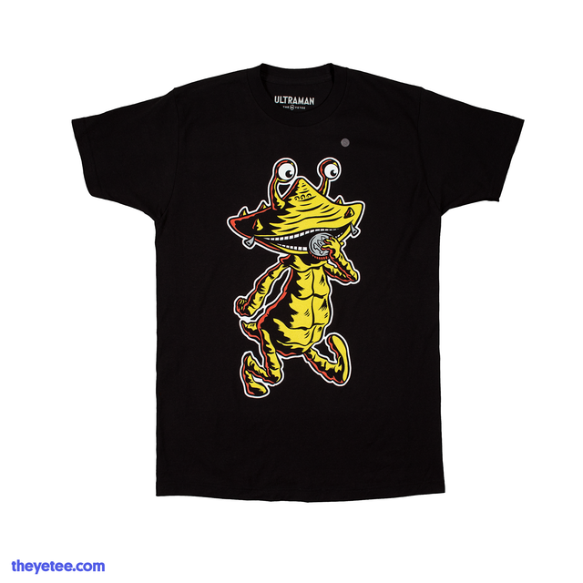 Black tee with Ultraman character Kanegon putting coin in his mouth - Kanegon