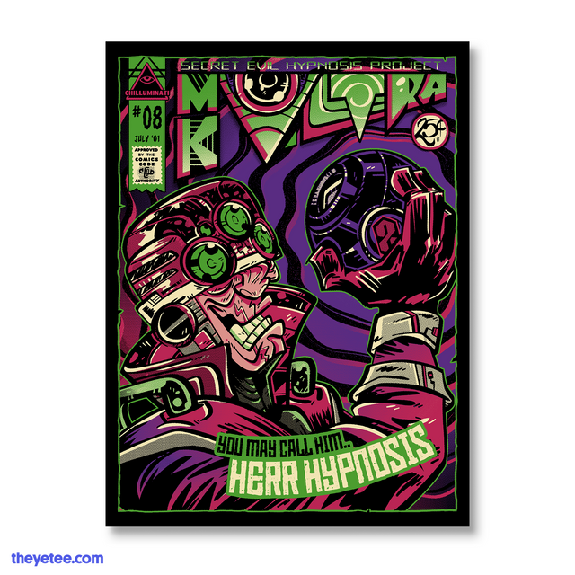 Pink and purple hypnotist with metal helmet holding a mechanical sphere diabolically  - MK Ultra Poster
