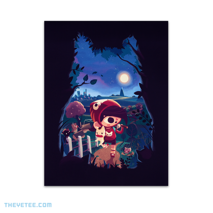 Cat shaped hole in bushes showing Mineko traveling on a dirt path. Behind Mineko is a city and a mountain under a starry sky.