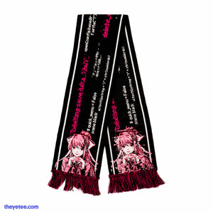 Black scarf with pink and white computer codes. Both ends feature Monika posing slyly with a dark pink and black fringe. 