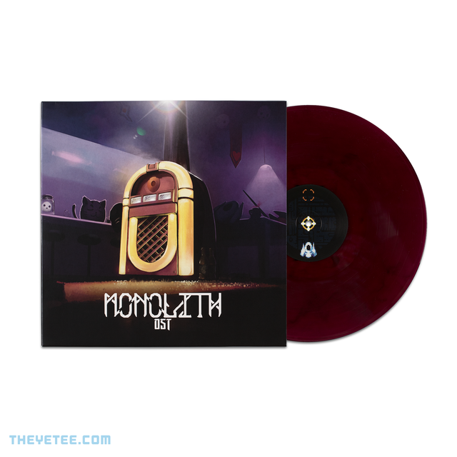 Side by side photo of the sleeve and vinyl. Vinyl is pressed on a deep dark space magenta wax. - Monolith OST