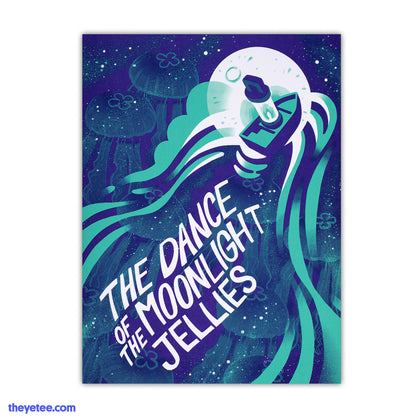 Shows whimsical ocean under moonlight with jelly fish, tugboat rowing through