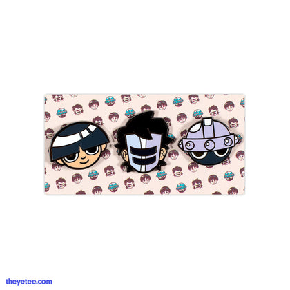 Her Loving Embrace hard enamel pin set of three, featuring character heads; Gershom, the Wizard, and  Barbaribro