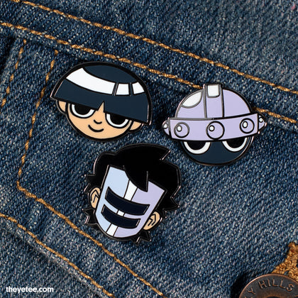 Her Loving Embrace enamel pin set of three, featuring character heads; Gershom, the Wizard, and  Barbaribro