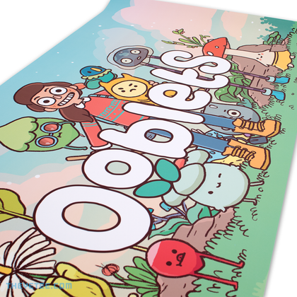 Poster shows various garden characters with low poly character center- says Ooblets through center