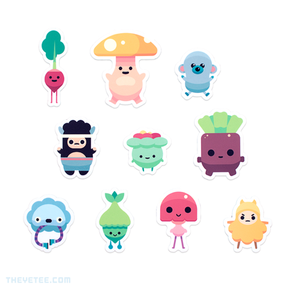 10 die-cut vinyl stickers of Radlad, Shrumbo, Dooziedug, Pantsabear, Petula, Gloopylonglegs, Whirlitzer, Fleebie, Clickyclaws and Wigglewip.