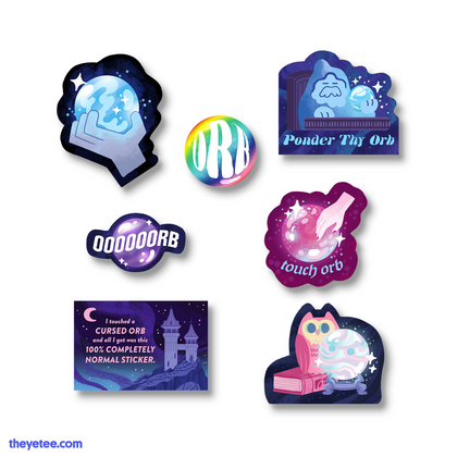 Assortment of orbs being held by magical hands, free-floating, next to an owl on a book and a novelty orb-touching sticker. 