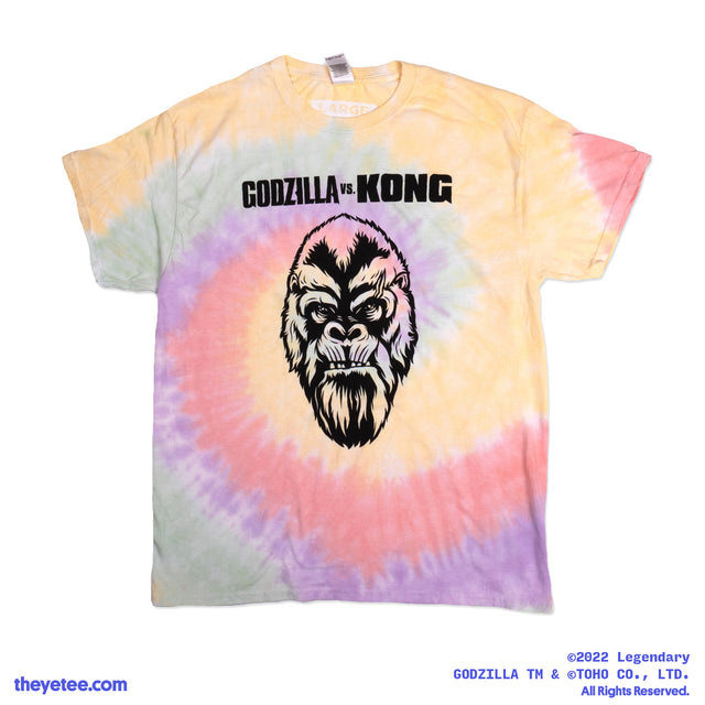 Pastel Tyedye Tshirt shows Kong's face in black ink- says Godzilla VS Kong - Kong