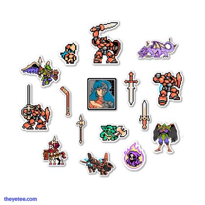 Approximately 2"+ stickers and feature pixel art of Flame, Grit, the Horseman, four individual swords, and various enemies from the game.