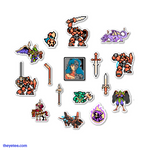 Approximately 2"+ stickers and feature pixel art of Flame, Grit, the Horseman, four individual swords, and various enemies from the game. - Panzer Paladin Sticker Pack