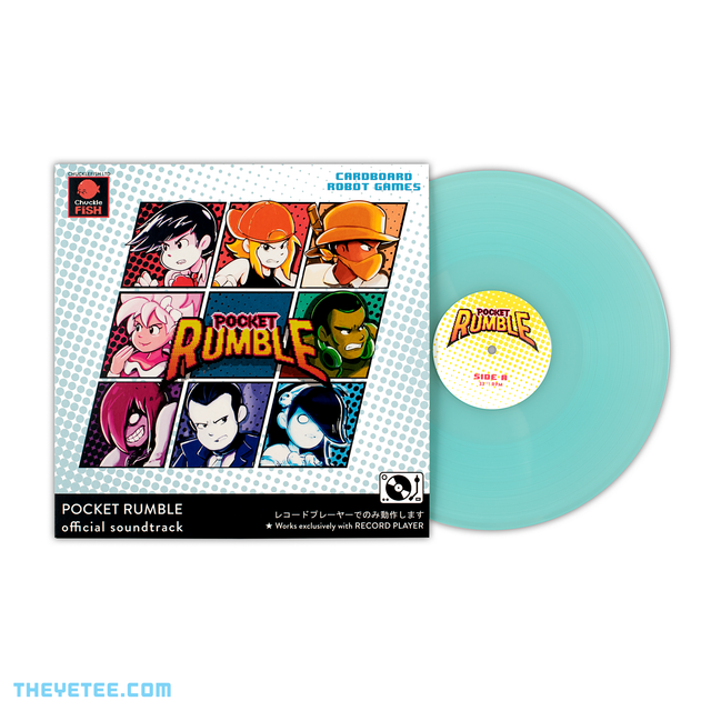 Side by side photo of the sleeve and vinyl. Vinyl was pressed on 140G translucent sky blue wax. - Pocket Rumble Soundtrack