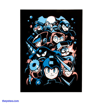 Mega Man and the Robot Masters from the first two games on a black poster. 
