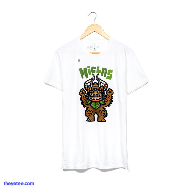 White tee with Ultraman's character Miclas holding fists up in retro style - Retro Miclas