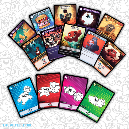 Product shot of 14 playing cards laying face up. Variety of action cards and characters. 