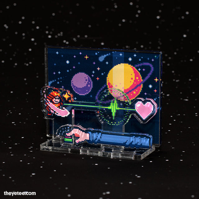 Acrylic stand shows Rhythm Doctor character Samurai sending rhythm to heart in space, planets in background - Samurai Techno