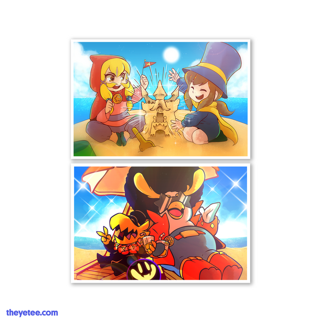 Hat Kid and Mustache Girl build sandcastles. Dj Grooves and The Conductor have drinks with Snatcher under a beach umbrella. - Sandy Memories