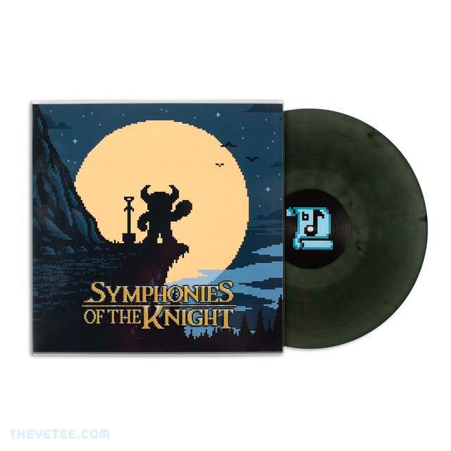 Symphonies of the Knight is 5 track smoke clear vinyl and cover shows Shovel Knight standing on cliff ledge under the dark moonlit sky in pixelated style - Symphonies of the Knight