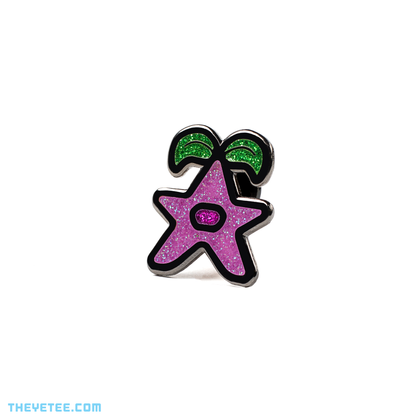 Hard enamel pin of a Stardrop the purple sparkly mysterious fruit in Stardew Valley