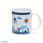White mug with a panorama of four cloud characters in the sky each raining or striking lightening above various walks of life. - Strange Weather We're Having
