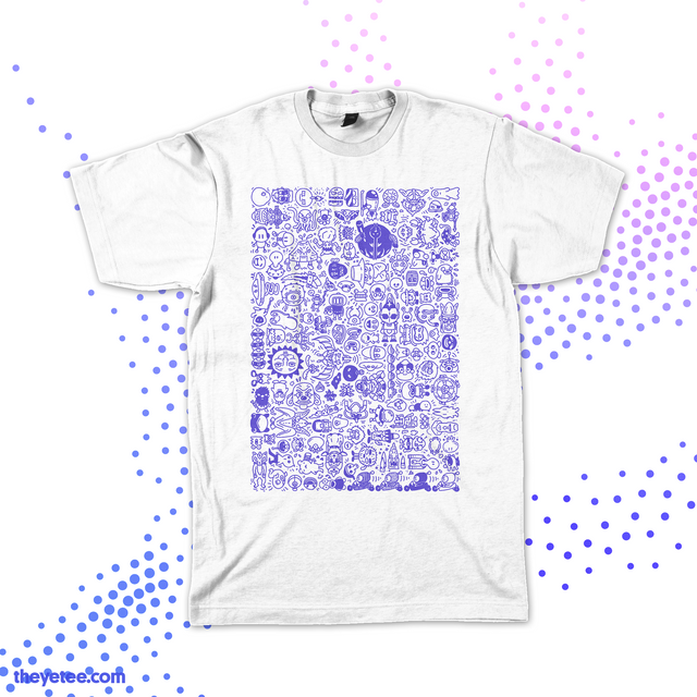 White Tshirt shows purple mosaic of Bomberman friends - Busy Buddies
