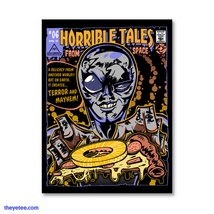 A grey alien with big purple eyes smirks ominously as their hands hover over a scary slice of pineapple pizza