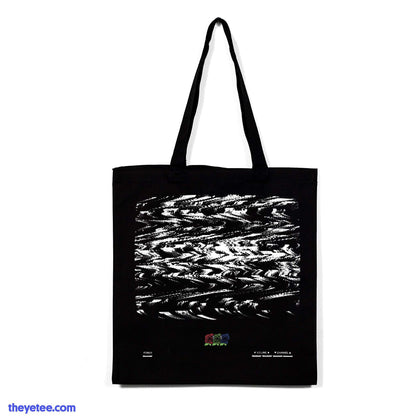 Black tote bag with white static & 3 roses logo on bottom