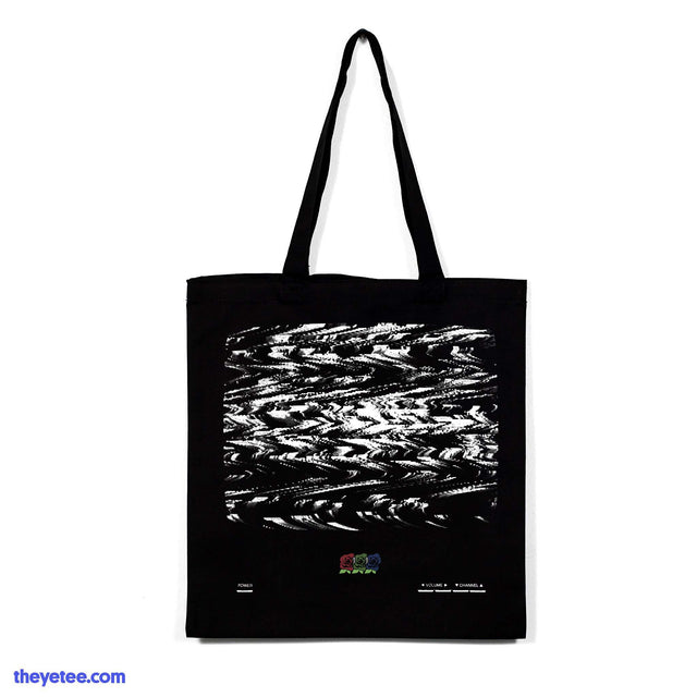 Black tote bag with white static & 3 roses logo on bottom - CRTote Bag