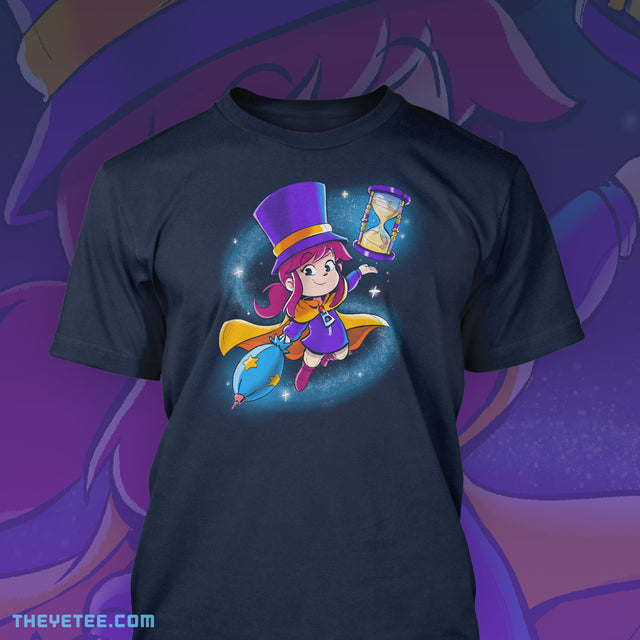 Navy tee shirt. Hat Kid holding a time piece and her blue umbrella. A sparkly trail flows behind her connecting the items. - Time Collector