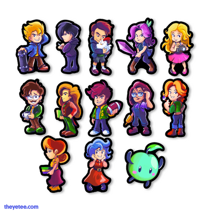 13 die-cut vinyl stickers of Stardew Valley village characters