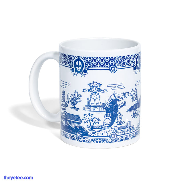 Ceramic mug  in Blue and White oriental porcelain styling scene of the Ultraman's heroes and monster characters - Ultraman Ultra-Mug