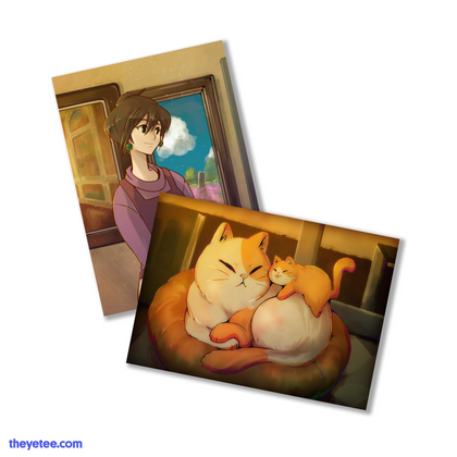 Two prints, one featuring the main painter and the other print is the artist's muse; an orange and white cat lounging. 