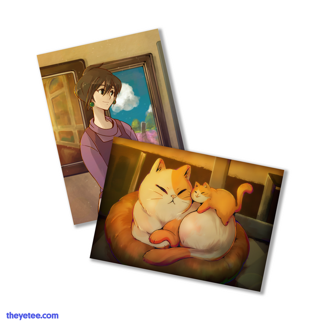 Two prints, one featuring the main painter and the other print is the artist's muse; an orange and white cat lounging.  - Artist and Muse