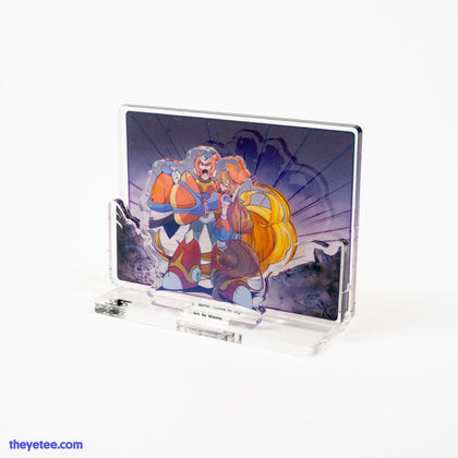 Assembled Acrylic standee shows Megaman carrying Roll in arms