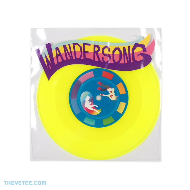 Neon yellow wax with blue vinyl sticker showing Eyala and the bard floating with the colored music notes along the border. - Wandersong (7")