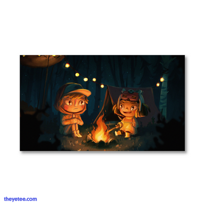 Wake and Kirby, two runaways, stay warm at night sitting by the campfire in front of their pitched tent. 
