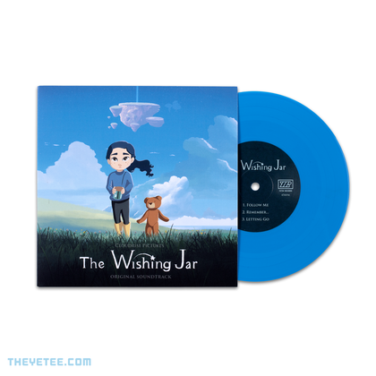 Side by side photo of the sleeve and vinyl. Vinyl is pressed on sky blue wax
