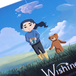 Ruby in a grassy field with Teddy Bear following close by. As she holds a jar, we see a floating island in the clouds above. - The Wishing Jar Soundtrack