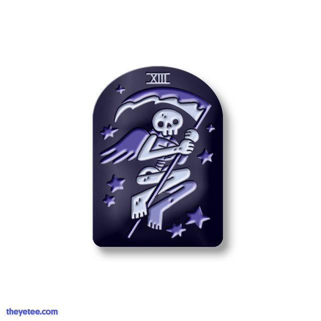 Hard enamel pin of a winged skeleton flying in the starry night sky with a scythe - XIII